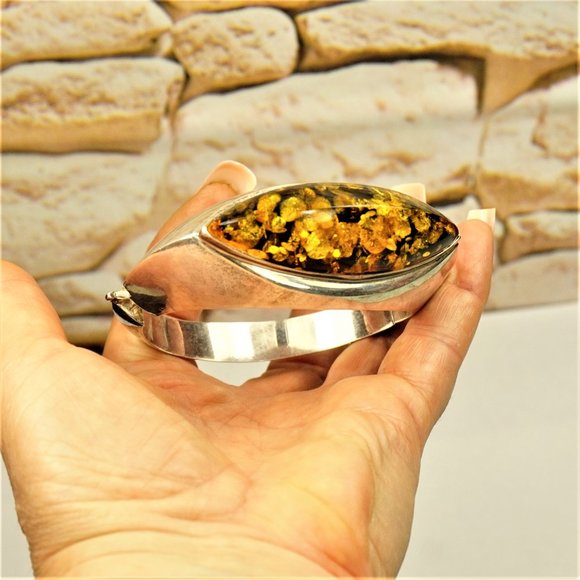 HUGE AMBER 925 SILVER BANGLE BRACELET, RARE TO FIND JEWELRY - Picture 9 of 11